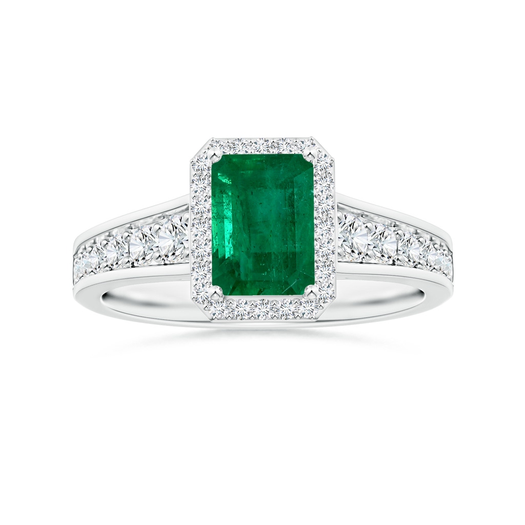 8.81x6.82x5.27mm AAA GIA Certified Emerald-Cut Emerald Halo Ring with Diamond Tapered Shank in White Gold