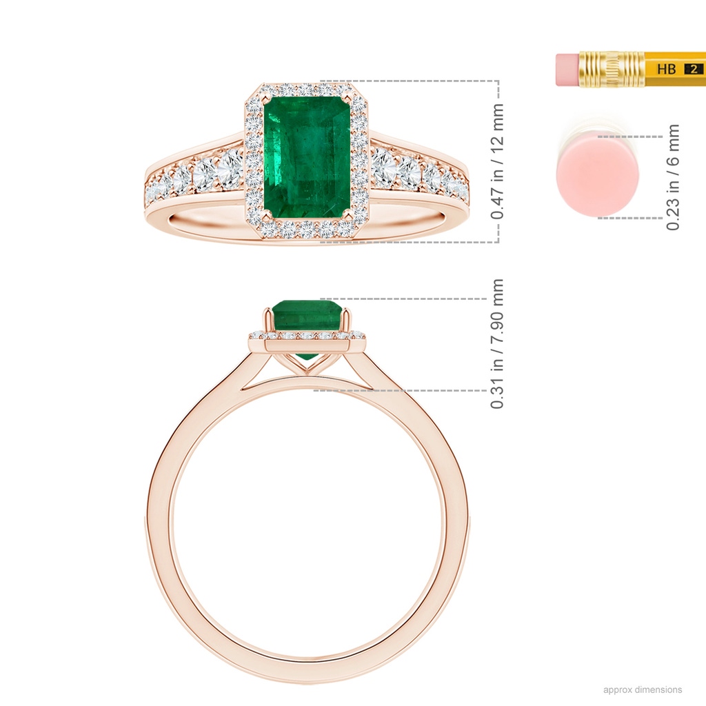 8.96x6.90mm AAA GIA Certified Emerald-Cut Emerald Halo Ring with Diamond Tapered Shank in 18K Rose Gold ruler