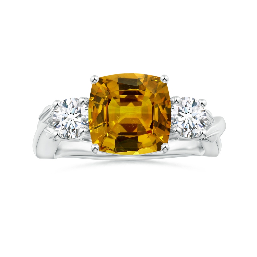 9.7x9.1mm AAAA Nature Inspired GIA Certified Cushion Yellow Sapphire Three Stone Ring with Diamonds in 18K White Gold