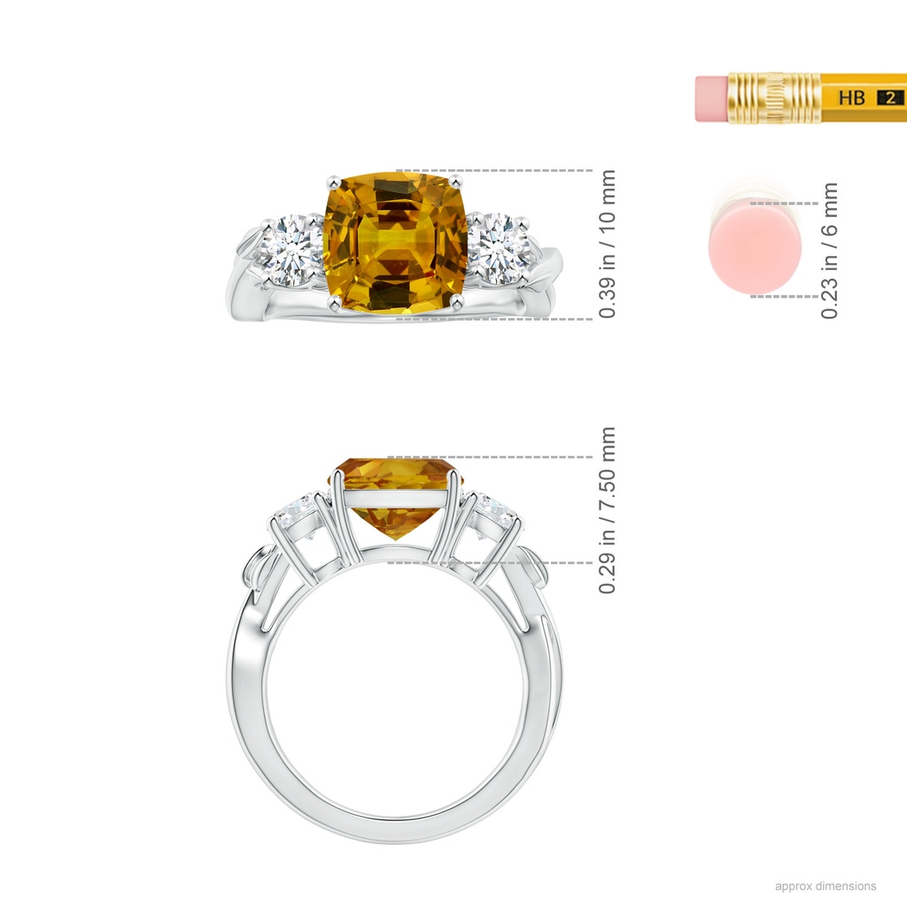 9.7x9.1mm AAAA Nature Inspired GIA Certified Cushion Yellow Sapphire Three Stone Ring with Diamonds in 18K White Gold Ruler