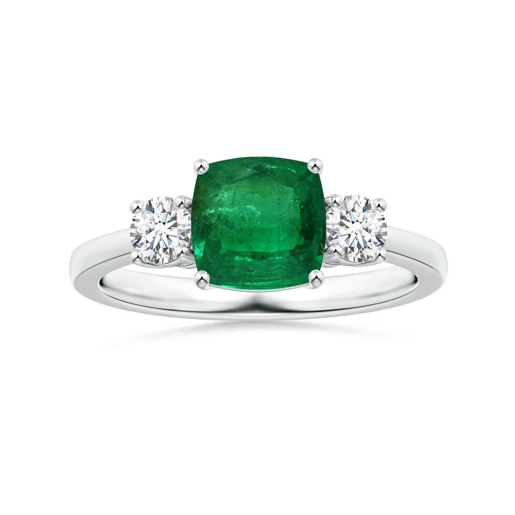 8mm AA Three Stone GIA Certified Cushion Emerald Reverse Tapered Shank Ring with Diamonds in P950 Platinum 