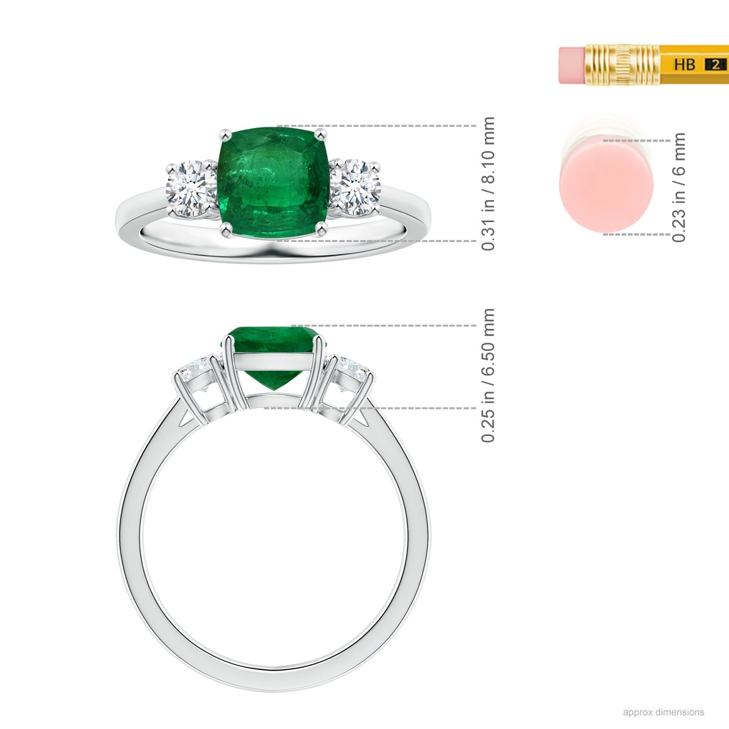 8mm AA Three Stone GIA Certified Cushion Emerald Reverse Tapered Shank Ring with Diamonds in P950 Platinum Ruler