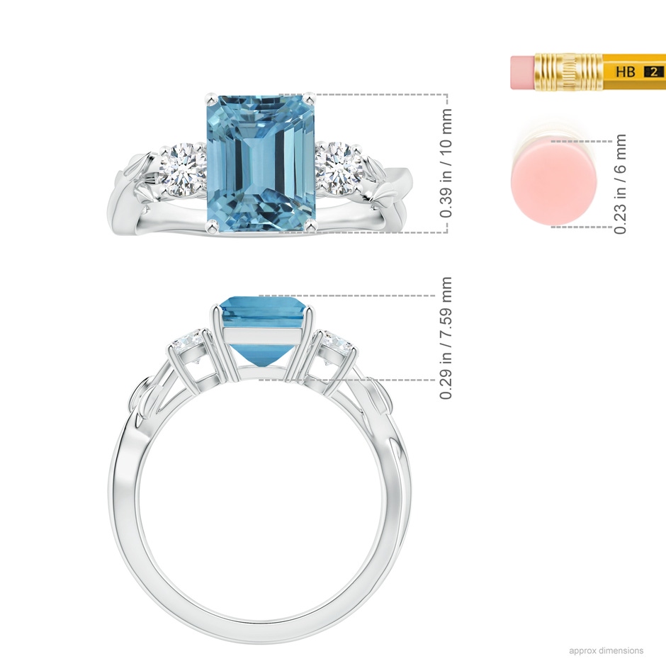 10.28x8.70x7.16mm AAA Nature Inspired GIA Certified Emerald-Cut Aquamarine Three Stone Ring with Diamonds in 18K White Gold ruler