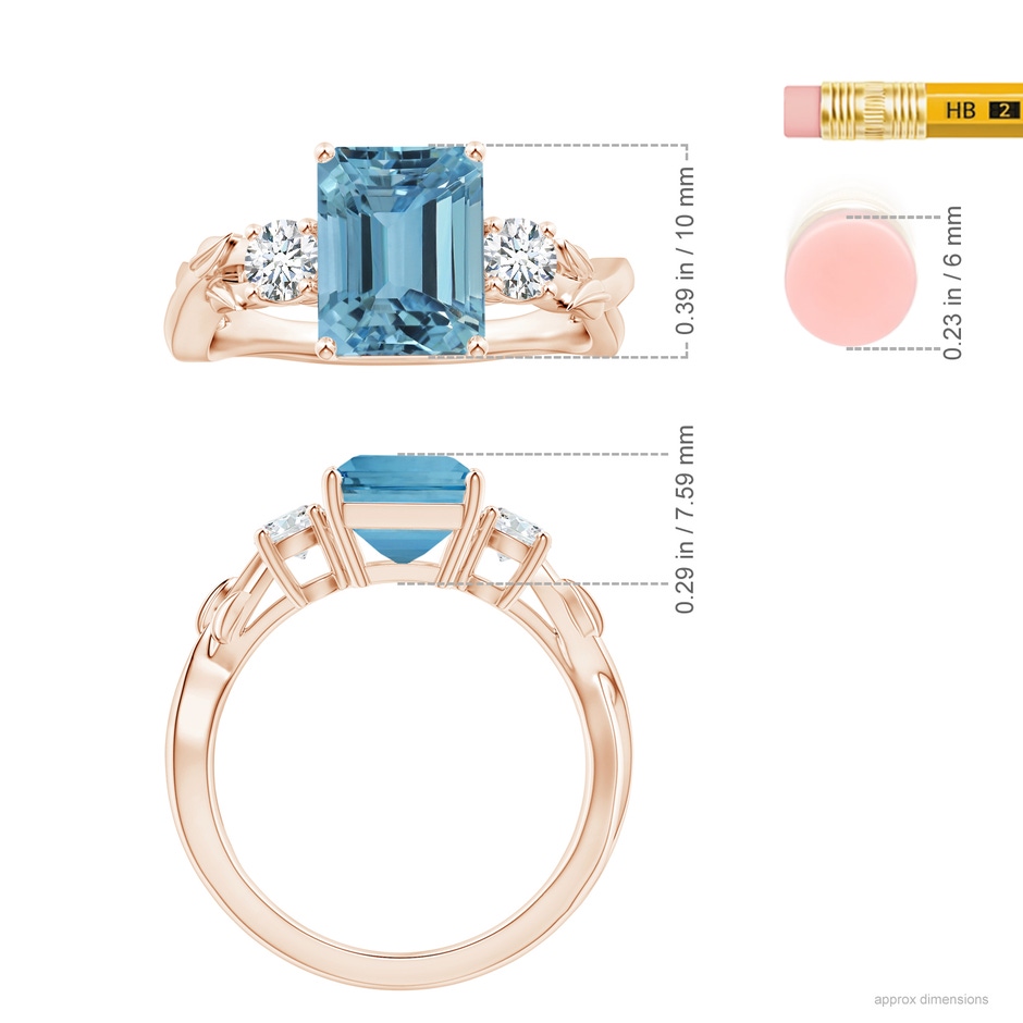 10.28x8.70x7.16mm AAA Nature Inspired GIA Certified Emerald-Cut Aquamarine Three Stone Ring with Diamonds in Rose Gold ruler