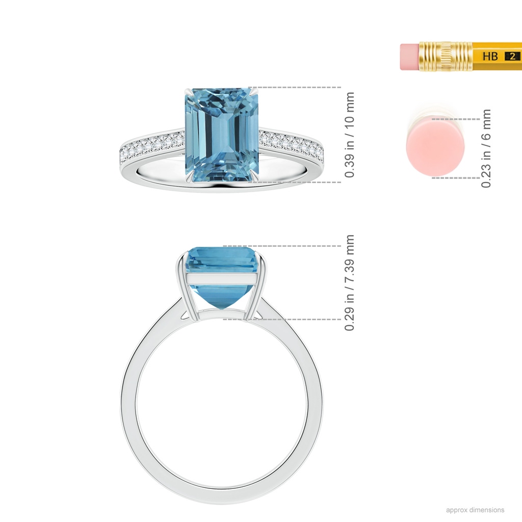10.28x8.70x7.16mm AAA Claw-Set GIA Certified Emerald-Cut Aquamarine Ring with Reverse Tapered Diamond Shank in 18K White Gold Ruler