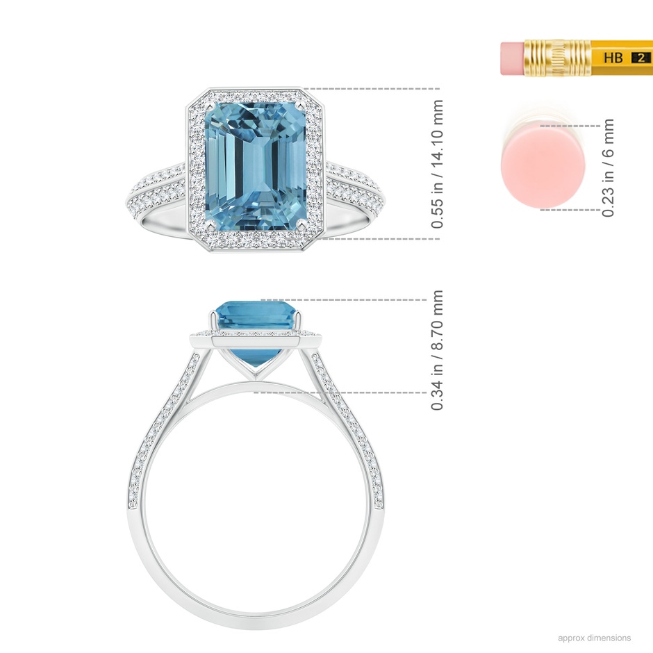 10.28x8.70x7.16mm AAA GIA Certified Emerald-Cut Aquamarine Halo Ring with Knife-Edge Diamond Shank in 18K White Gold ruler