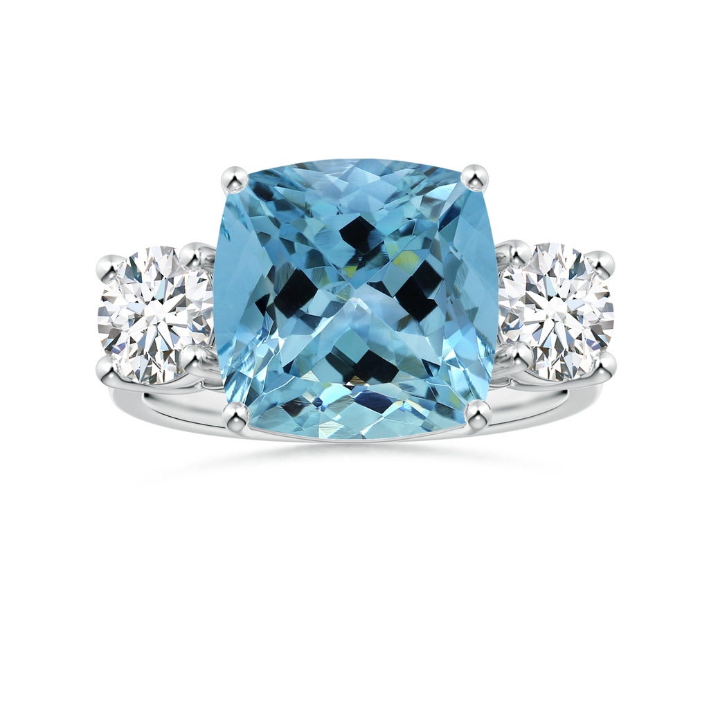 10.74x10.71x7.66mm AAAA Reverse Tapered GIA Certified Three Stone Cushion Aquamarine Ring with Scrollwork in P950 Platinum 