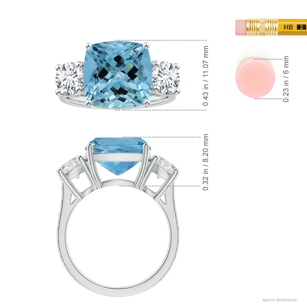 10.74x10.71x7.66mm AAAA Reverse Tapered GIA Certified Three Stone Cushion Aquamarine Ring with Scrollwork in P950 Platinum Ruler