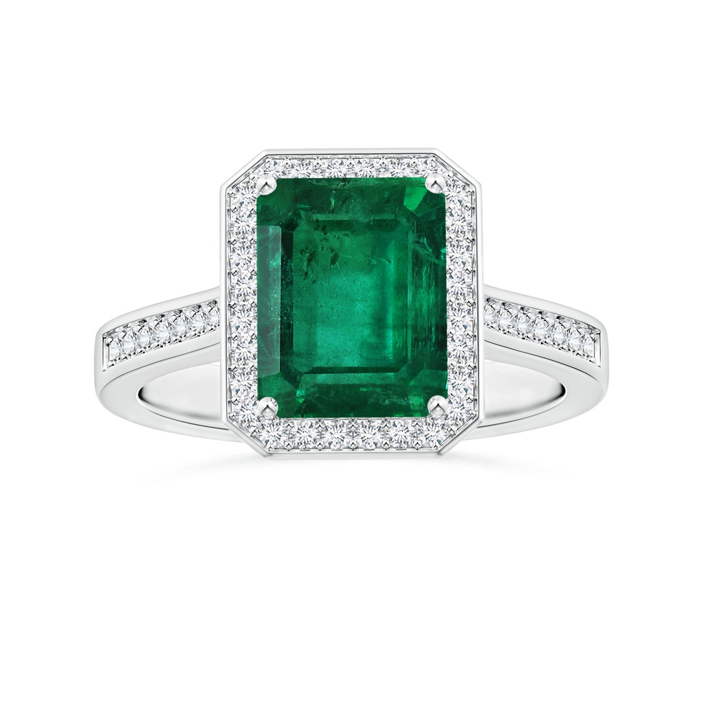 8.88x7.05mm AA GIA Certified Emerald-Cut Emerald Halo Ring with Reverse Tapered Diamond Shank in White Gold
