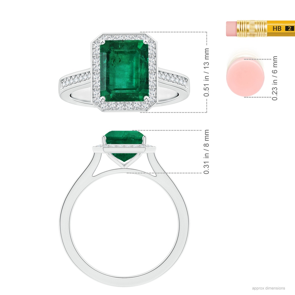 8.88x7.05mm AA GIA Certified Emerald-Cut Emerald Halo Ring with Reverse Tapered Diamond Shank in White Gold ruler