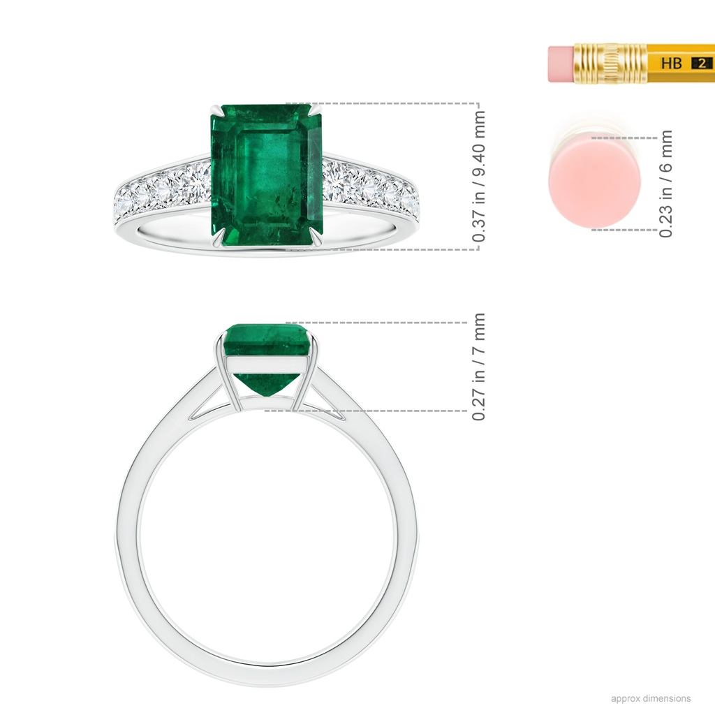 8.88x7.05mm AA Claw-Set GIA Certified Emerald-Cut Emerald Ring with Diamond Tapered Shank in White Gold ruler