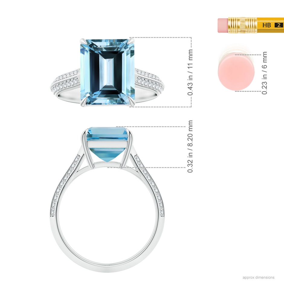 11.07x9.09x6.12mm AAA Claw-Set GIA Certified Emerald-Cut Aquamarine Ring with Knife-Edge Diamond Shank in P950 Platinum ruler