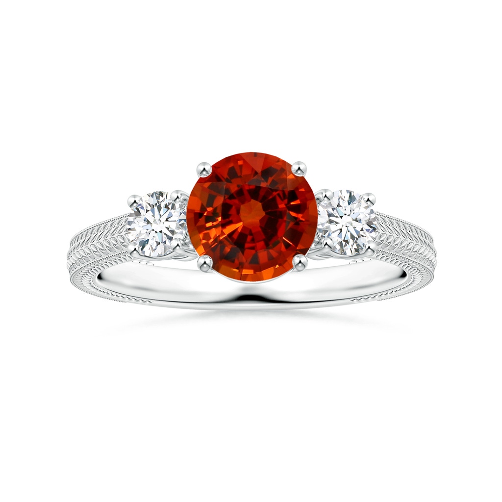 6x6mm AAAA GIA Certified Orange Sapphire Three Stone Ring with Leaf Motifs in 18K White Gold