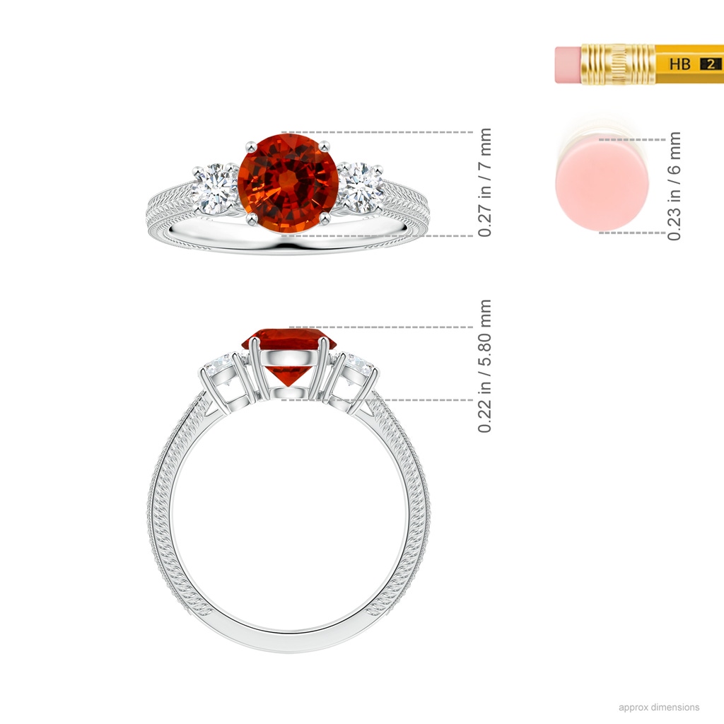 6x6mm AAAA GIA Certified Orange Sapphire Three Stone Ring with Leaf Motifs in 18K White Gold Ruler