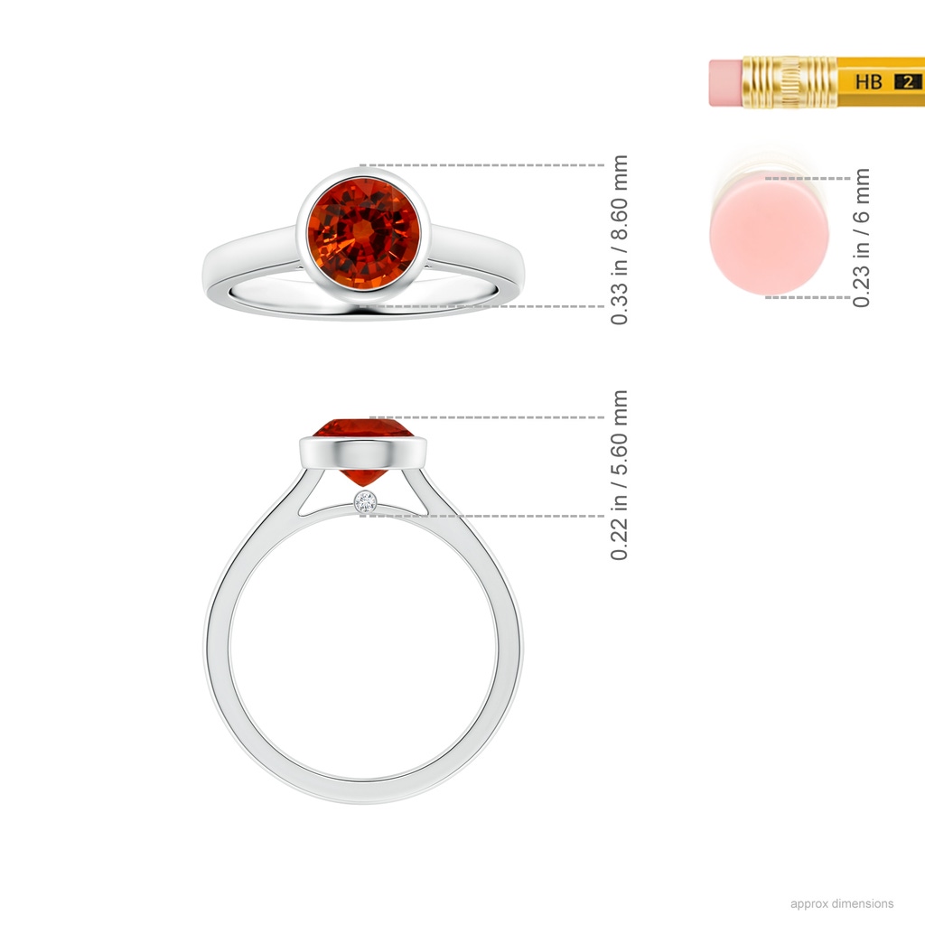 6x6mm AAAA GIA Certified Bezel-Set Round Orange Sapphire Solitaire Ring in 18K White Gold Ruler