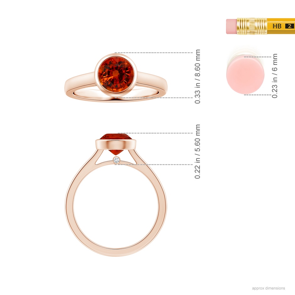 6x6mm AAAA GIA Certified Bezel-Set Round Orange Sapphire Solitaire Ring in Rose Gold ruler