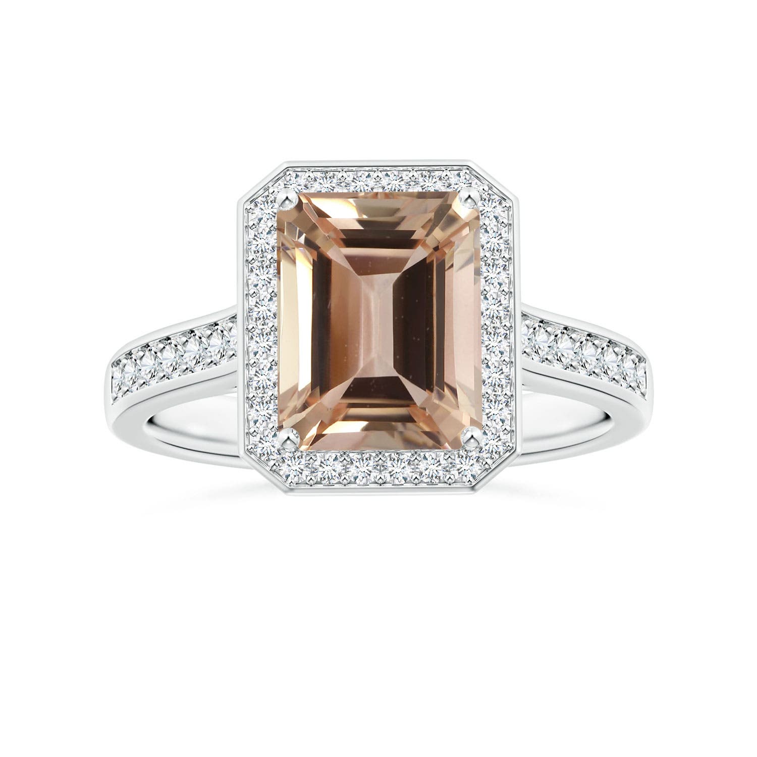 GIA Certified Emerald-Cut Morganite Single Halo Ring with Diamonds