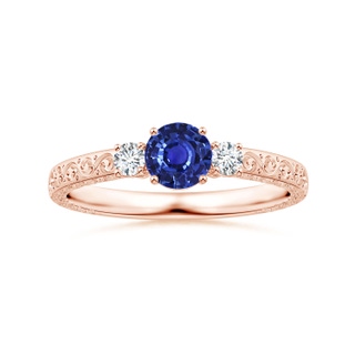4.99x4.96x2.93mm AAA GIA Certified Round Sapphire Three Stone Ring with Scrollwork in 18K Rose Gold