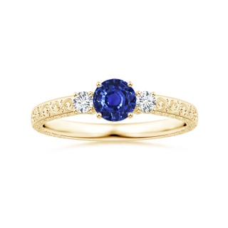 4.99x4.96x2.93mm AAA GIA Certified Round Sapphire Three Stone Ring with Scrollwork in 18K Yellow Gold