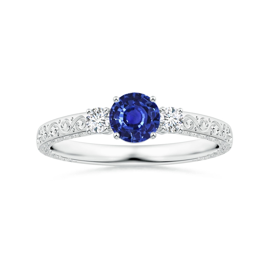 4.99x4.96x2.93mm AAA GIA Certified Round Sapphire Three Stone Ring with Scrollwork in P950 Platinum 