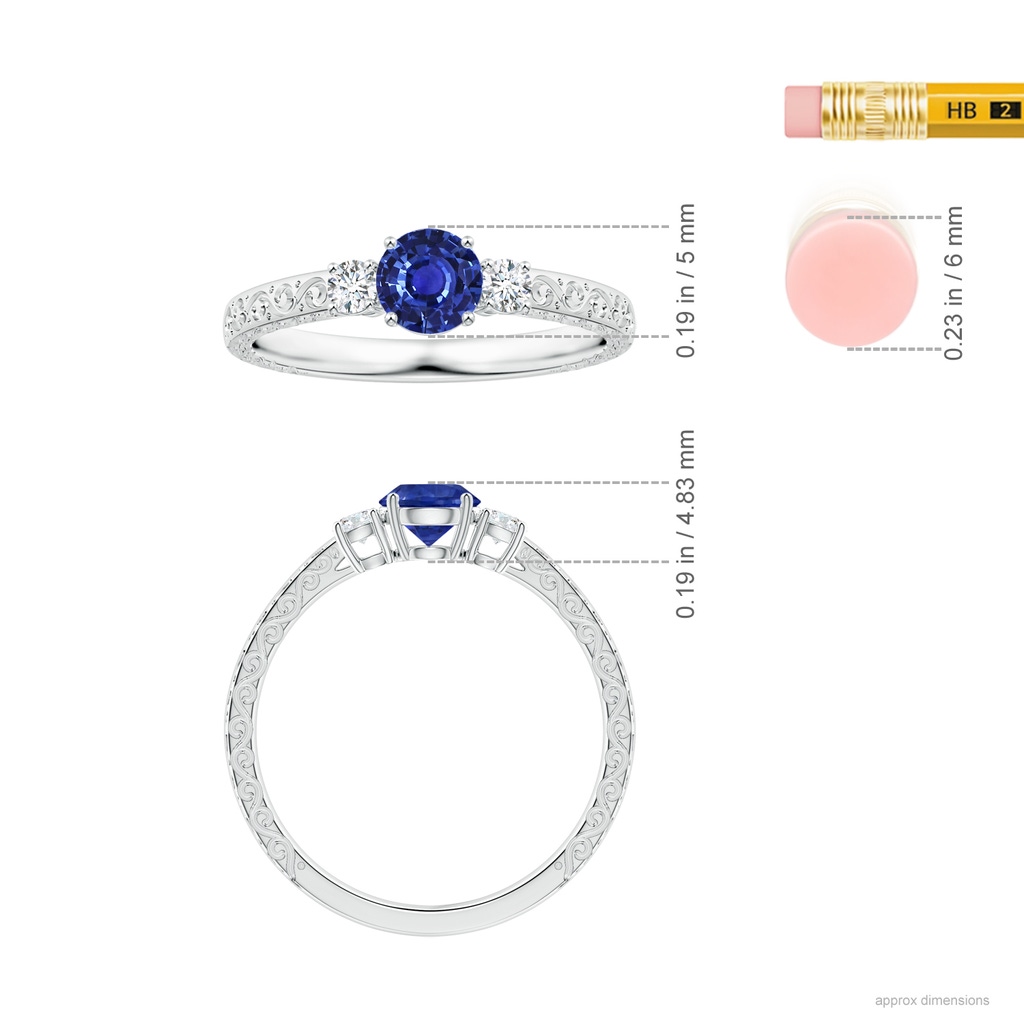 4.99x4.96x2.93mm AAA GIA Certified Round Sapphire Three Stone Ring with Scrollwork in White Gold ruler