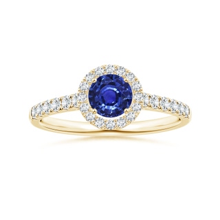 4.99x4.96x2.93mm AAA Round Blue Sapphire Halo Ring with Diamonds in 9K Yellow Gold