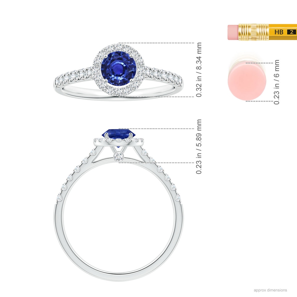 4.99x4.96x2.93mm AAA Round Blue Sapphire Halo Ring with Diamonds in P950 Platinum ruler