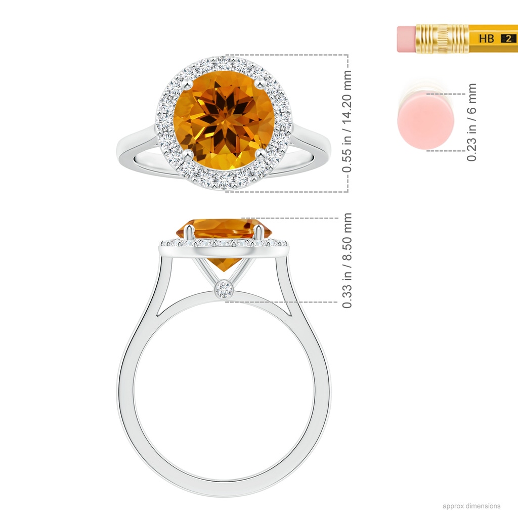10.14x10.09x6.83mm AAAA GIA Certified Citrine Halo Ring with Reverse Tapered Diamond Shank in White Gold ruler