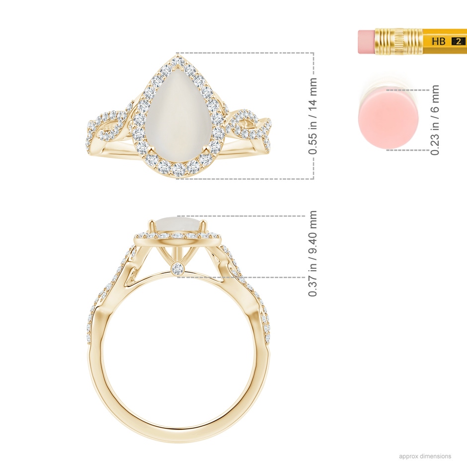 10.13x6.92x3.56mm AAAA GIA Certified Pear-Shaped Rainbow Moonstone Twisted Shank Ring with Diamonds in Yellow Gold ruler