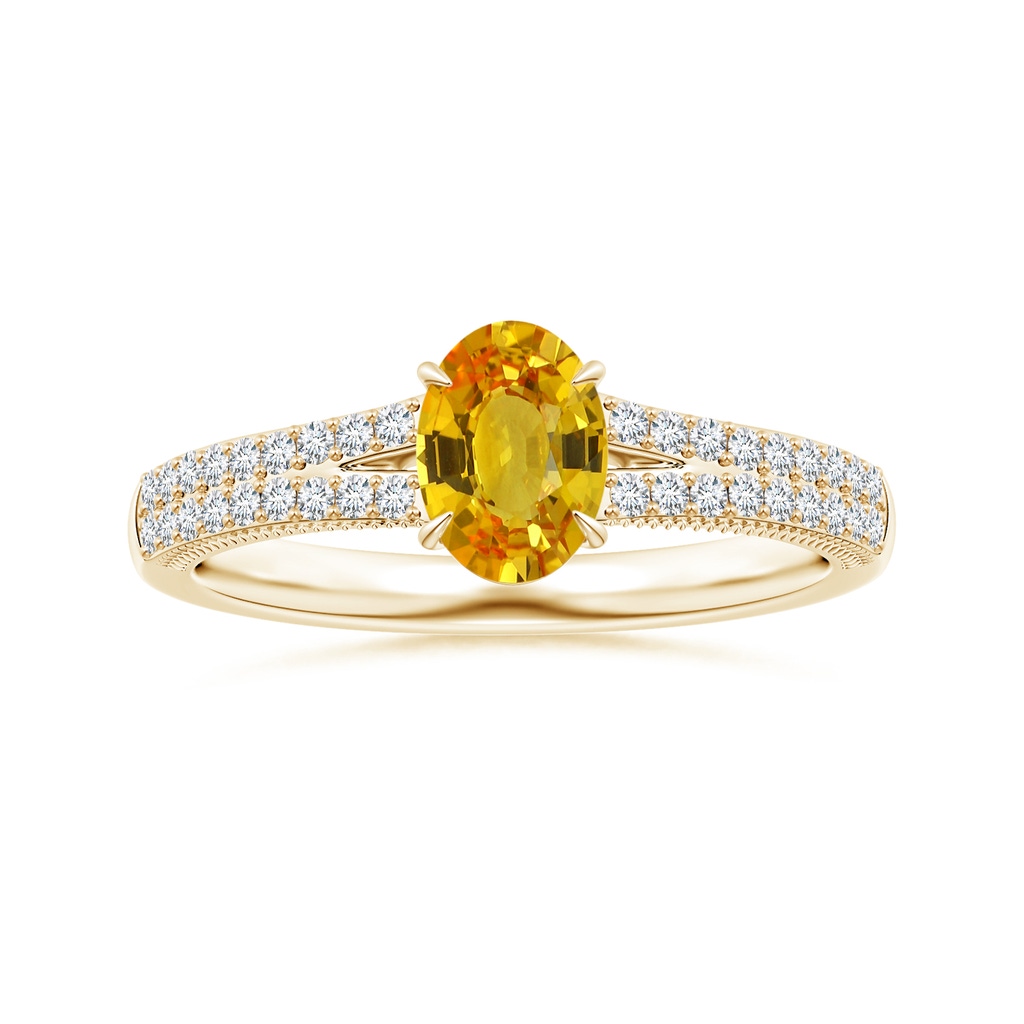 8.03x6.12x3.29mm AAAA Claw-Set Oval Yellow Sapphire Split Shank Ring with Leaf Motifs in 10K Yellow Gold