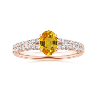 8.03x6.12x3.29mm AAAA Claw-Set Oval Yellow Sapphire Split Shank Ring with Leaf Motifs in 18K Rose Gold