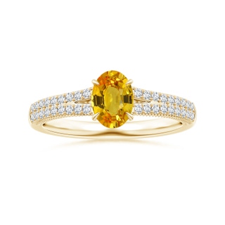 8.03x6.12x3.29mm AAAA Claw-Set Oval Yellow Sapphire Split Shank Ring with Leaf Motifs in 18K Yellow Gold