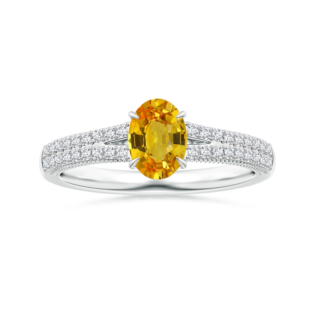 8.03x6.12x3.29mm AAAA Claw-Set Oval Yellow Sapphire Split Shank Ring with Leaf Motifs in White Gold 