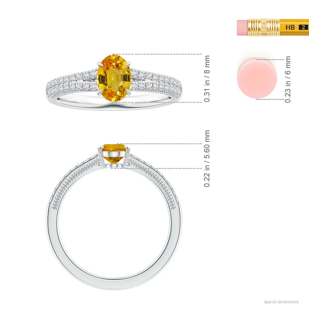 8.03x6.12x3.29mm AAAA Claw-Set Oval Yellow Sapphire Split Shank Ring with Leaf Motifs in White Gold ruler
