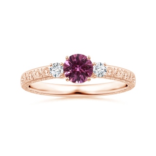 5.96x5.74x3.23mm AAAA Three Stone GIA Certified Round Pink Sapphire Scroll Ring with Diamonds in 10K Rose Gold