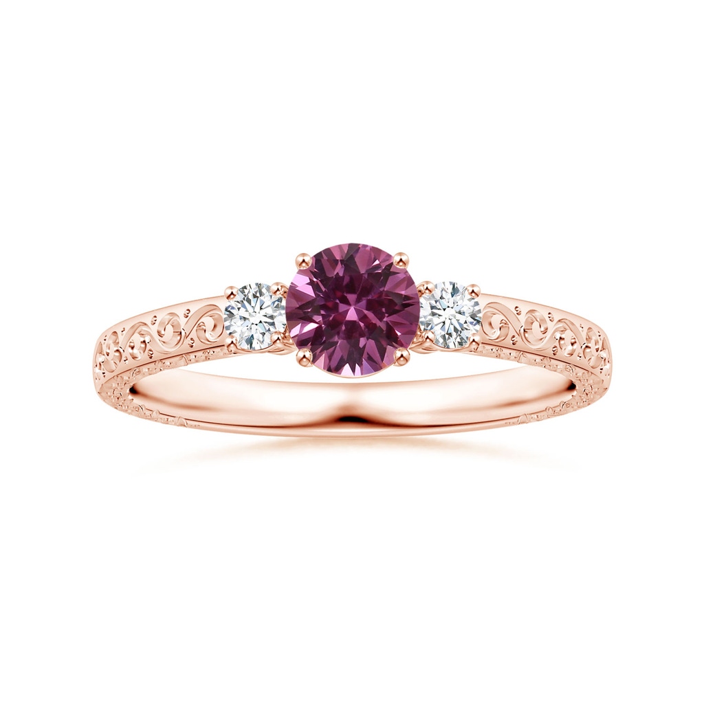 5.96x5.74x3.23mm AAAA Three Stone GIA Certified Round Pink Sapphire Scroll Ring with Diamonds in 18K Rose Gold