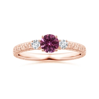 5.96x5.74x3.23mm AAAA Three Stone GIA Certified Round Pink Sapphire Scroll Ring with Diamonds in 18K Rose Gold