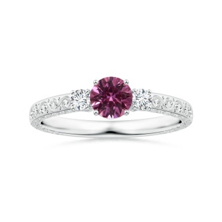 5.96x5.74x3.23mm AAAA Three Stone GIA Certified Round Pink Sapphire Scroll Ring with Diamonds in 18K White Gold