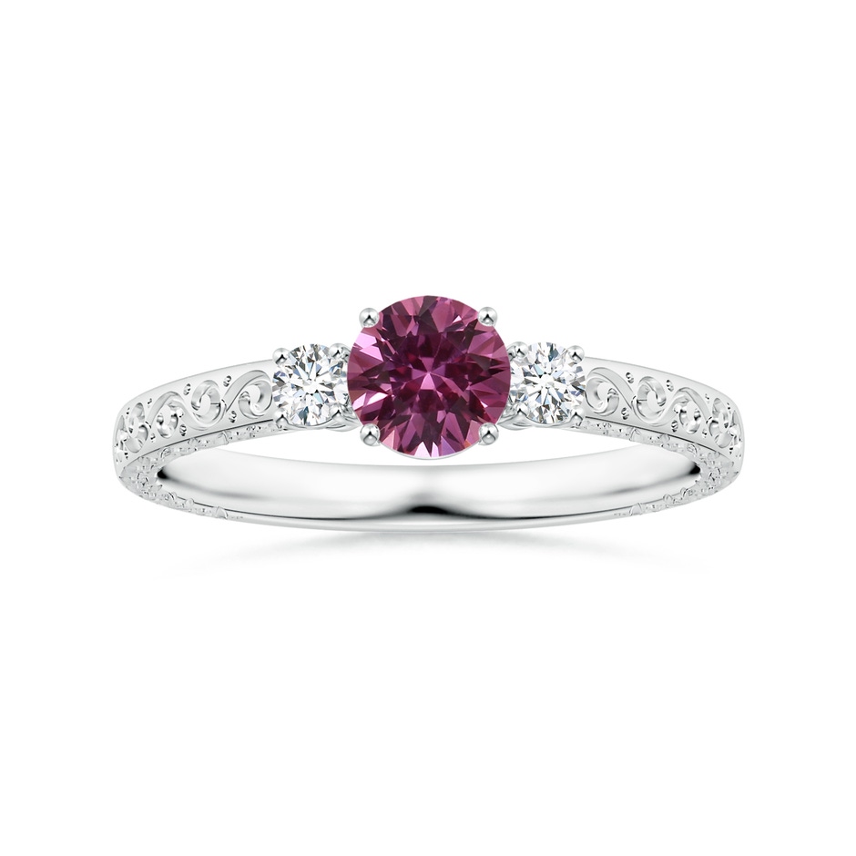 5.96x5.74x3.23mm AAAA Three Stone GIA Certified Round Pink Sapphire Scroll Ring with Diamonds in P950 Platinum 