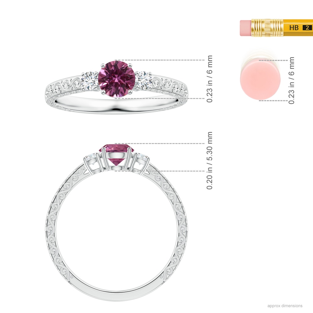 5.96x5.74x3.23mm AAAA Three Stone GIA Certified Round Pink Sapphire Scroll Ring with Diamonds in P950 Platinum ruler