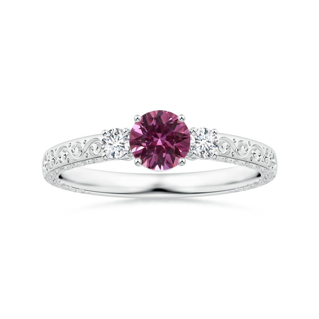 5.96x5.74x3.23mm AAAA Three Stone GIA Certified Round Pink Sapphire Scroll Ring with Diamonds in White Gold