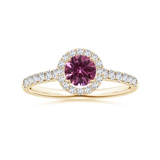 5.96x5.74x3.23mm AAAA GIA Certified Round Pink Sapphire Halo Ring with Diamonds in 9K Yellow Gold