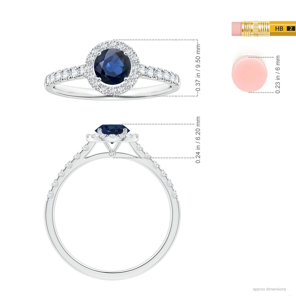 5.70x5.70x3.67mm AA GIA Certified Round Blue Sapphire Halo Ring with Diamonds in 18K White Gold Ruler