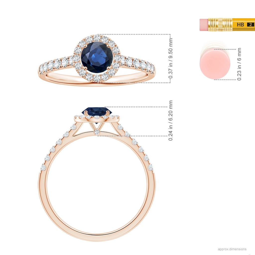 5.70x5.70x3.67mm AA GIA Certified Round Blue Sapphire Halo Ring with Diamonds in Rose Gold Ruler