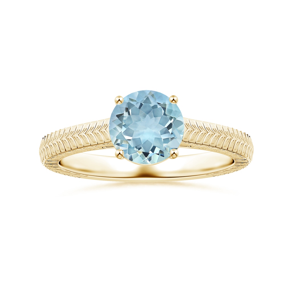 8.03x8.01x4.53mm AAA Prong-Set Solitaire Round Aquamarine Feather Ring in 18K Yellow Gold 