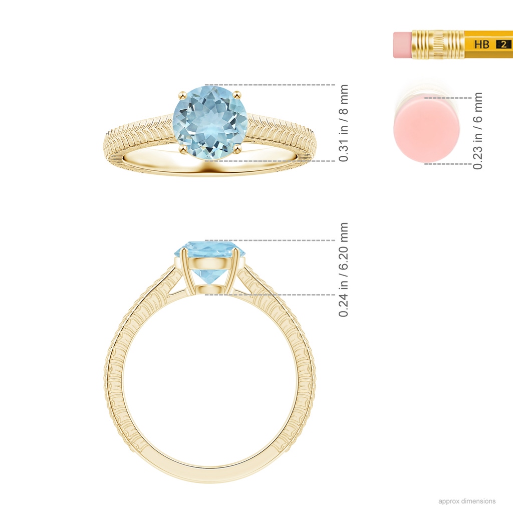 8.03x8.01x4.53mm AAA Prong-Set Solitaire Round Aquamarine Feather Ring in 18K Yellow Gold ruler
