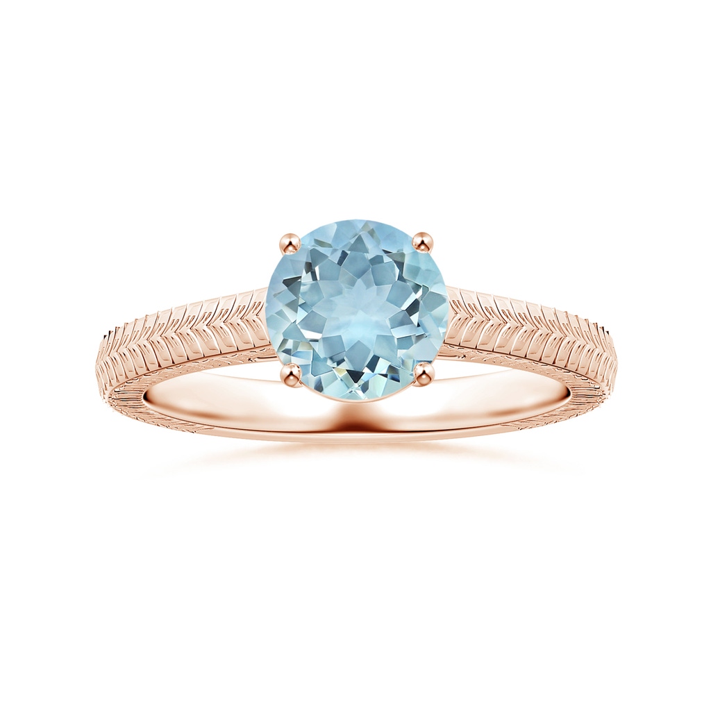8.03x8.01x4.53mm AAA Prong-Set Solitaire Round Aquamarine Feather Ring in 9K Rose Gold