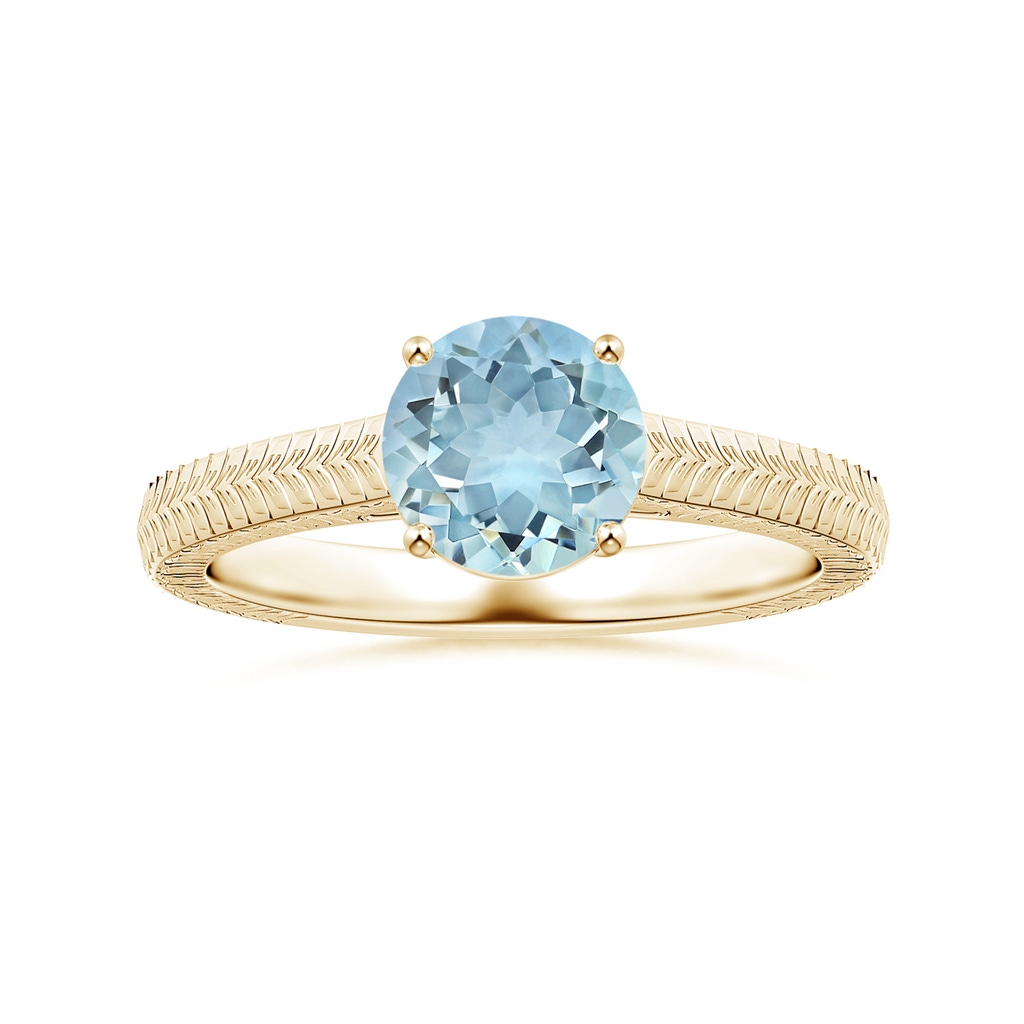 8.03x8.01x4.53mm AAA Prong-Set Solitaire Round Aquamarine Feather Ring in 9K Yellow Gold