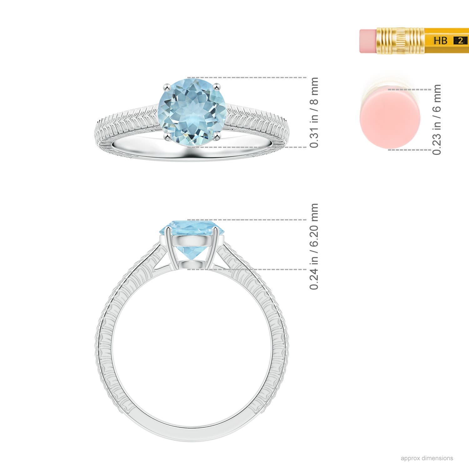 8.03x8.01x4.53mm AAA Prong-Set Solitaire Round Aquamarine Feather Ring in White Gold - ruler