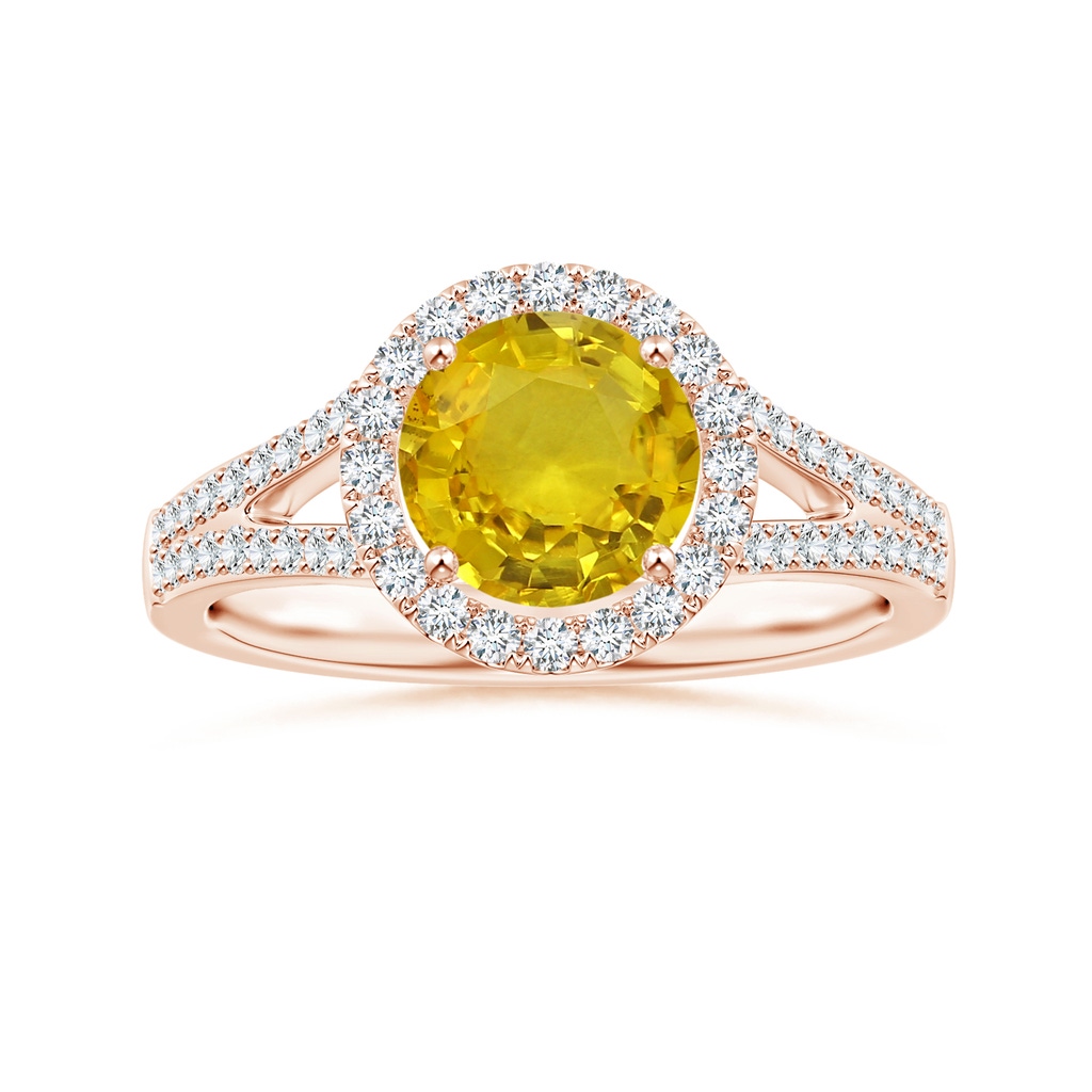6.97-7.01-4.98mm AAA Yellow Sapphire Split Shank Ring with Diamond Halo in 18K Rose Gold